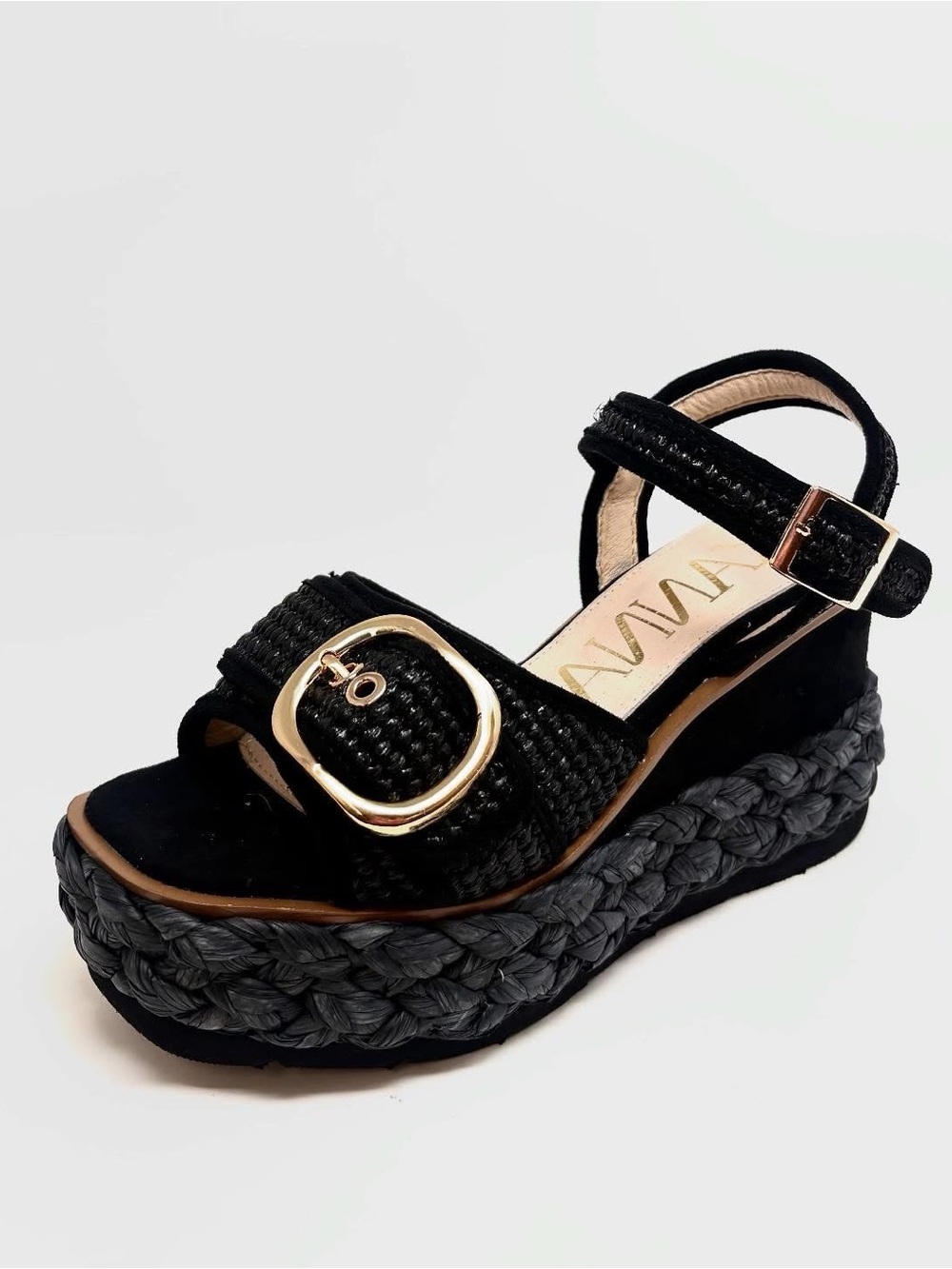 NEW Kanna Pitcher Black Woven Platform Sandal w Gold Buckle Accent, EU 38=US 7.5